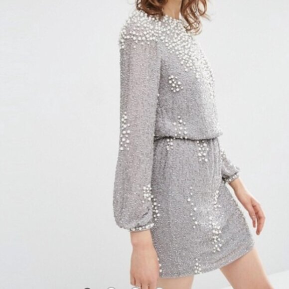 ASOS Silver Pearl Embellished Beaded Cocktail Mini Dress Long Sleeve Party 0 - Picture 4 of 10